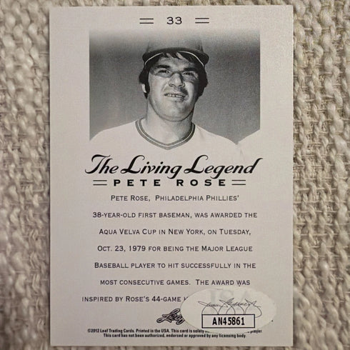 Autographed 2012 Leaf Pete Rose The Living Legend Baseball Card #33 w/ JSA COA