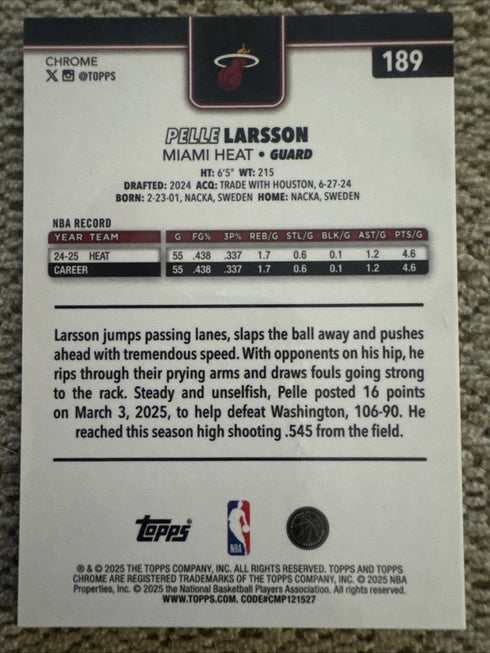 2025-2026 Topps Chrome Sapphire Gold Pelle Larsson /50 #189 Miami Heat