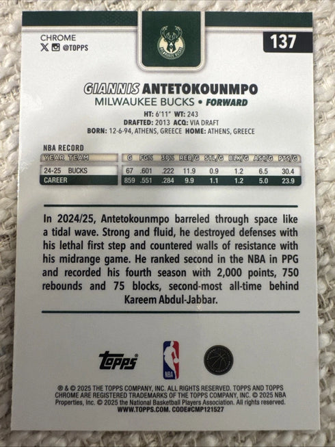 Topps Chrome 2025/26 Orange Basketball Refractor Giannis Antetokounmpo #137