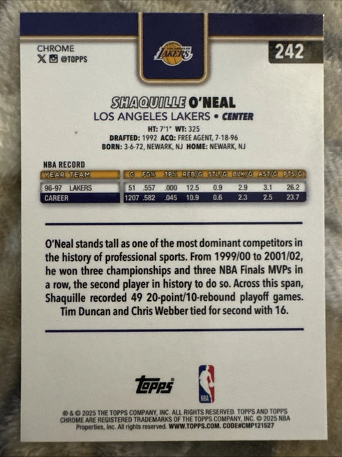 2025-26 Topps Chrome - Shaquille O’Neal #242 - X-Fractor Rainbow Holo - Lakers