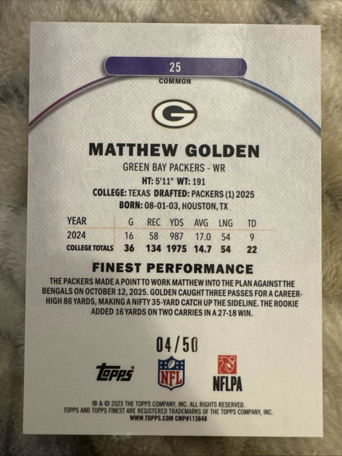 2025 Topps Finest #25 Matthew Golden Gold /50 RC