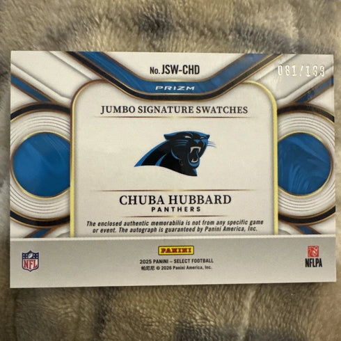 2025 Select Chuba Hubbard Jumbo Signature Swatches Silver Prizm /199 Panthers