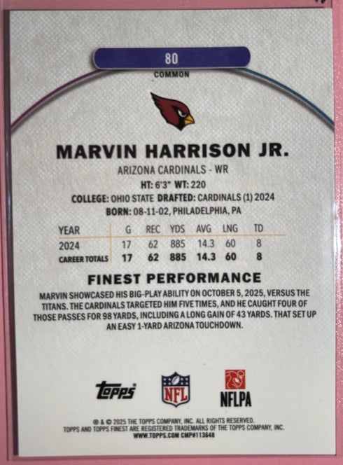 2025 Topps Finest Marvin Harrison Jr. Purple Refractor /325 CARDINALS
