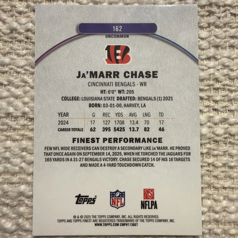 Topps 2025 Finest Ja'Marr Chase Refractor #162 Bengals