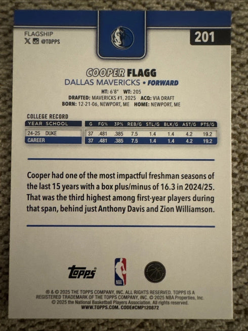 Cooper Flag Rookie 2025 Topps Flagship RC #201 Dallas Mavericks