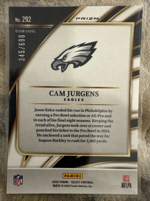 2025 Panini Select - Club Level Cam Jurgens #292 /699 Black & Green Shock Prizm