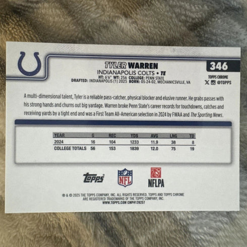 2025 Topps Chrome Sapphire Tyler Warren Rookie SP Indianapolis Colts #346 RC