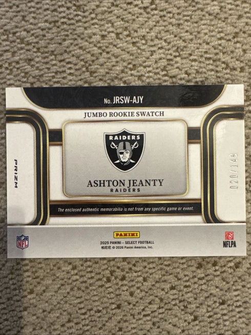 2025 Panini Select Rookie Ashton Jeanty Silver Prizm Jumbo Patch /149