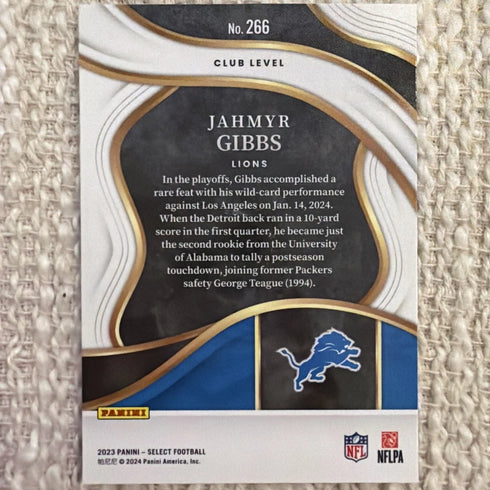 Jahmyr Gibbs 2023 Panini Select Club Level RC #266 Detroit Lions
