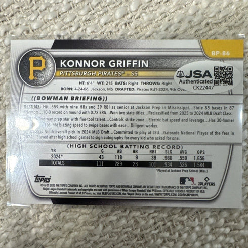 2025 Bowman Prospect Konnor Griffin Signed Autograph Card Pittsburgh Pirates
