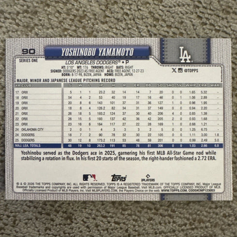 2026 Topps Series 1 Diamante Foil #90 Yoshinobu Yamamoto Dodgers