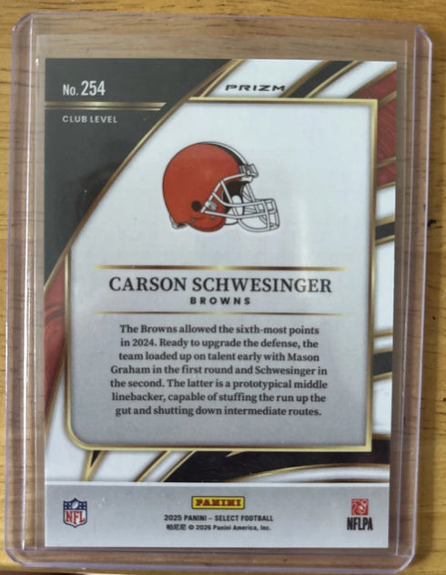 2025 Panini Select - Zebra Prizm Club Level 254 Carson Schwesinger RC Browns