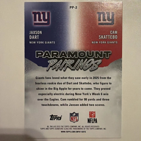 Topps 2025 Signature Paramount Pairings RC Insert PP-2 Dart/Skattebo Giants NFL