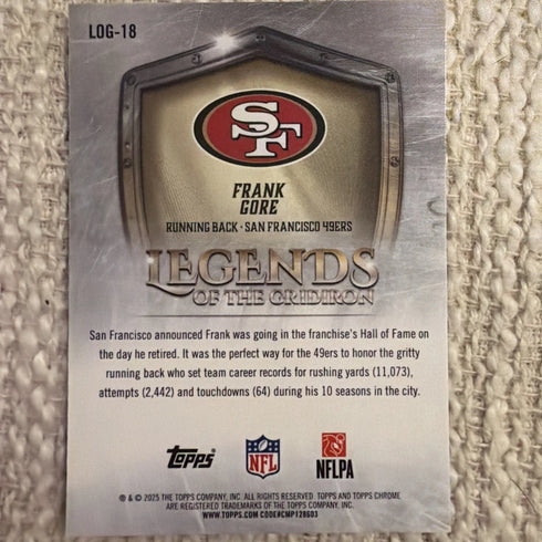 2025 Topps Chrome Legends of the Gridiron Frank Gore 49ers #LOG-18