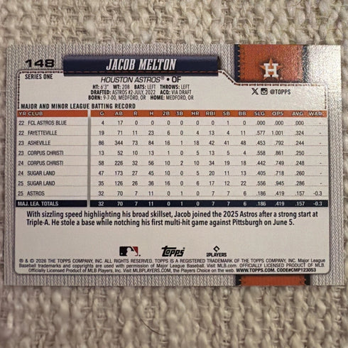 Topps Series 1 2026 Jacob Melton Houston Astros #148 Rookie Sandglitter