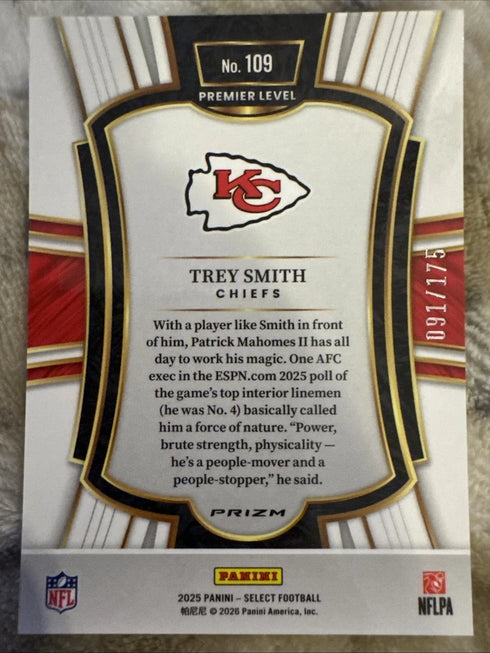2025 Panini Select Football - Trey Smith #109 - K.C. Chiefs - Blue Prizm /175