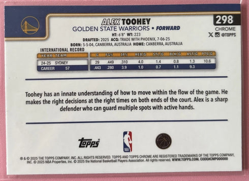 Alex Toohey Rookie Card RayWave Refractor 2025-26 Topps Chrome #298