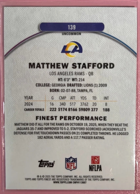 Topps Finest 2025 Matthew Stafford Los Angeles Rams Base Set #139 Uncommon