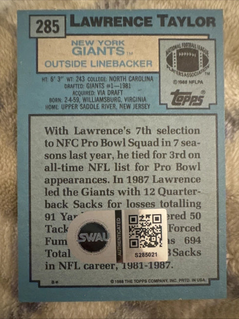Lawrence Taylor AUTOGRAPHED 1988 TOPPS FOOTBALL CARD SIGNED NEW YORK GIANTS