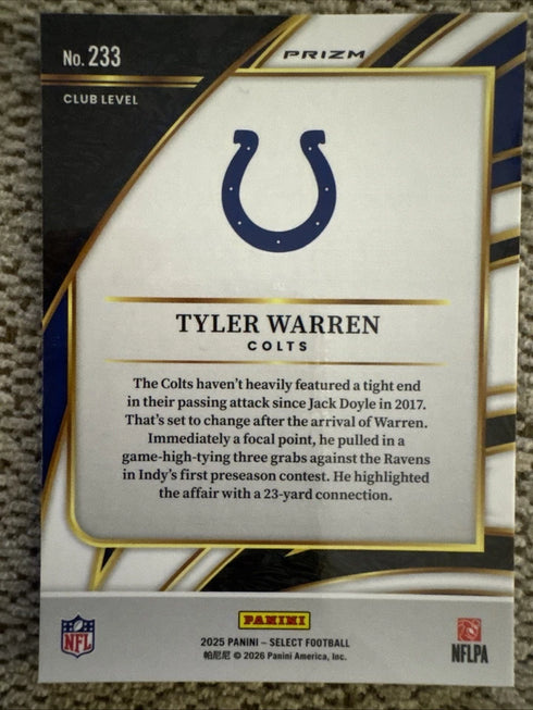 Panini Select 2025 Tyler Warren Rookie Prizm Club Level #233 Colts Football