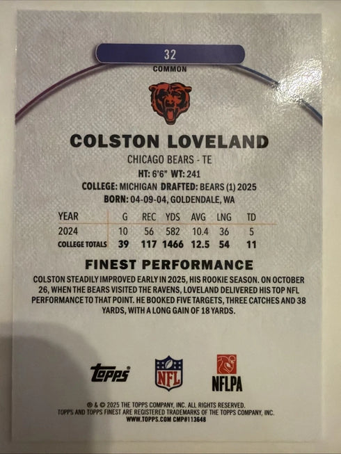 Topps Finest 2025 Colston Loveland Finest Performance Rookie #32 Bears