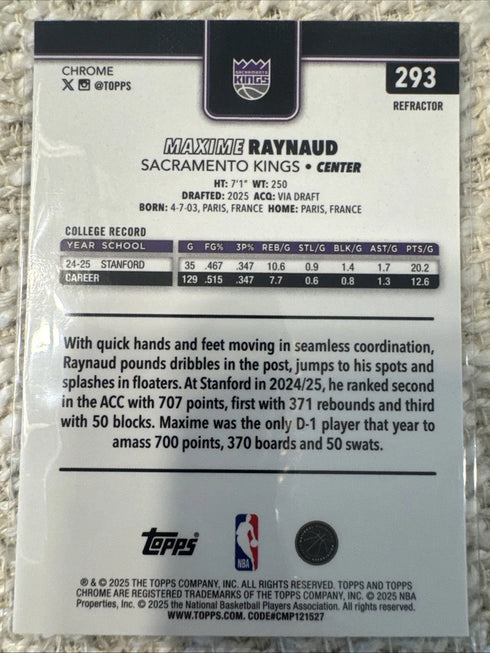 2025-26 Topps Chrome - Maxime Raynaud RC #293 Refractor - Kings Rookie MINT