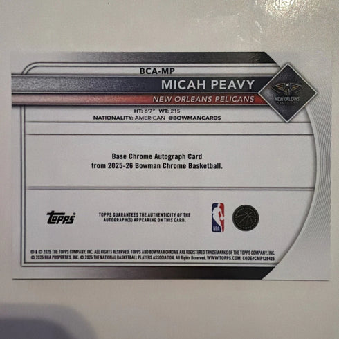2025-26 Bowman Basketball- Micah Peavy Auto BCA-MP Reptilian Green #'d /99