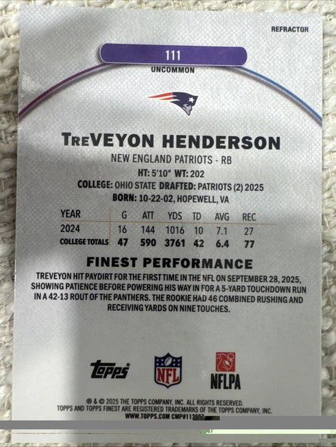 2025 Finest #111 TreVeyon Henderson RC Patriots Rookie New England Uncommon
