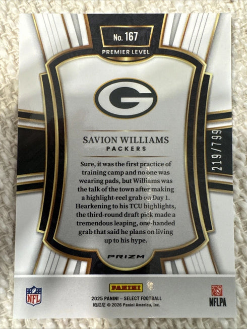 2025 Panini Select - Premier Level Savion Williams #167 White Shock Prizm.../799