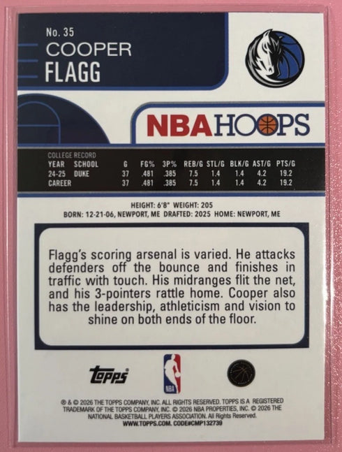 2025-26 Topps NBA Hoops Silver Holo Cooper Flagg #35 RC