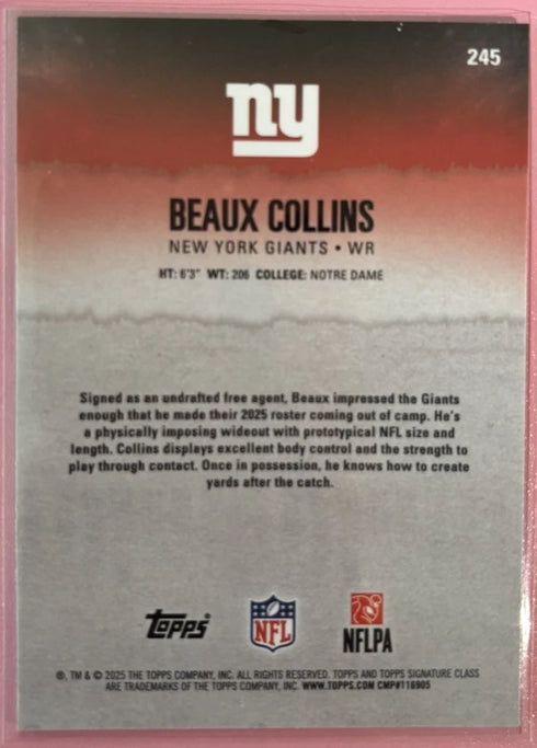 Topps 2025 Undrafted Beaux Collins New York Giants #245 (RC) 50/50