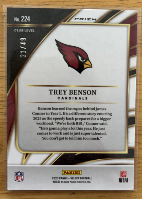 Trey Benson 2025 Panini Select Club Level #224 Red Prizm Arizona Cardinals NFL