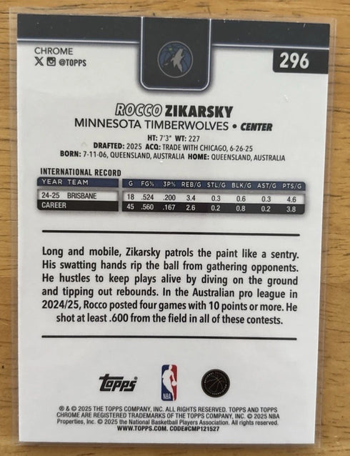 2025-26 Topps Chrome Rocco Zikarsky Aqua Basketball RC /199 Refractor #296