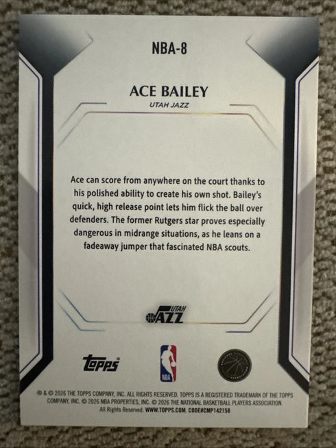 2026 Topps Collector Kit Exclusive Foil SP #NBA-8 Ace Bailey Rookie RC Utah Jazz
