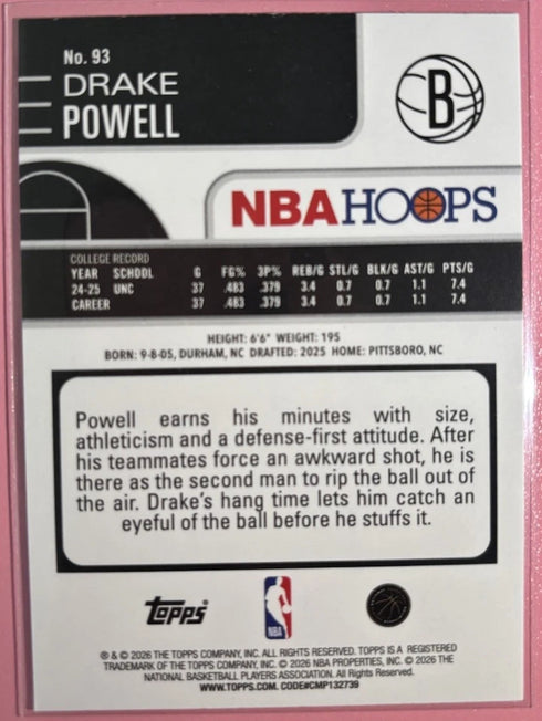 2025-26 NBA Hoops (RC) Drake Powell Pixel Burst Rookie Insert #93 Brooklyn Nets