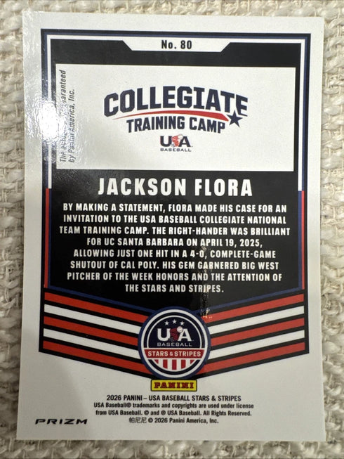 2026 Panini Stars & Strips Jackson Flora Green Auto Prizm UCSB Top 5 Draft Pick
