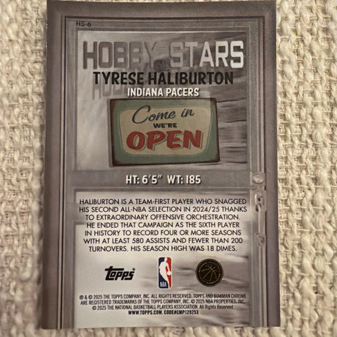Tyrese Haliburton 2025-26 Bowman Basketball #HS-6 Hobby Stars Insert - Pacers