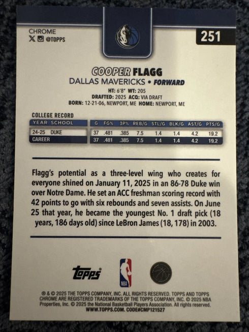 2025 Topps Chrome Cooper Flagg RC Mavs #251