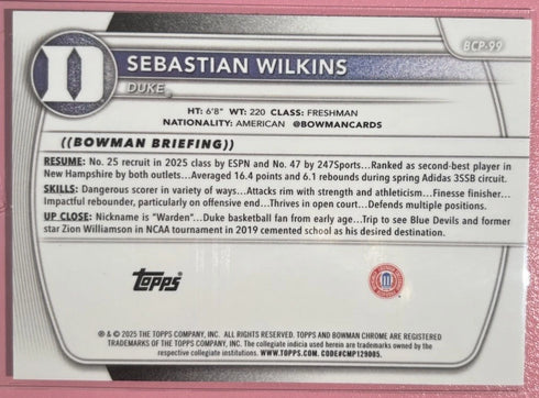 2025 Bowman Chrome U 1st Bowman Prospects Mojo Sebastian Wilkins #BCP-99 Duke