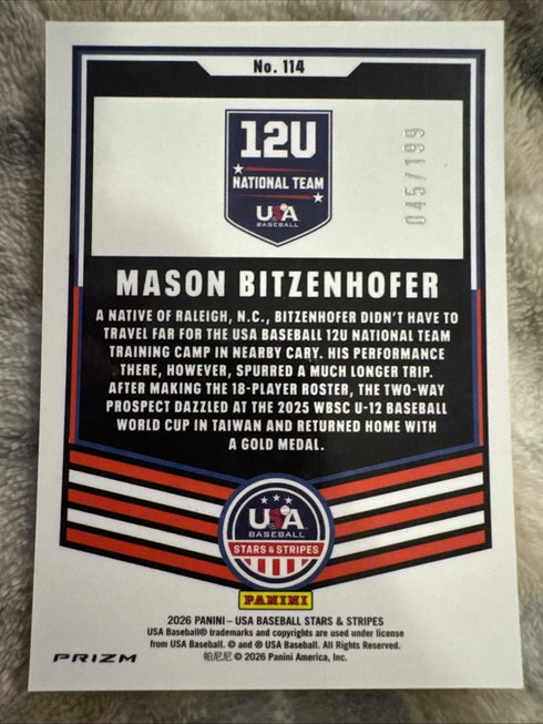 Mason Bitzenhofer 2026 Panini Prizm Stars & Stripes Orange IcE Prism#114 /199