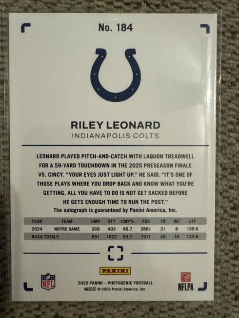 2025 Panini Photogenic Riley Leonard Colts Blue Color Match Auto /49!!!