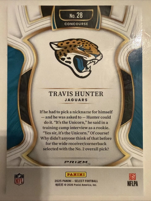 2025 Panini Select Travis Hunter Black & Green Shock Concourse (RC) Jaguars #28