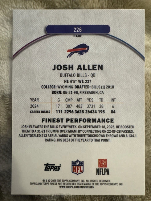2025 Topps Josh Allen Buffalo Bills Rare Football Card #226