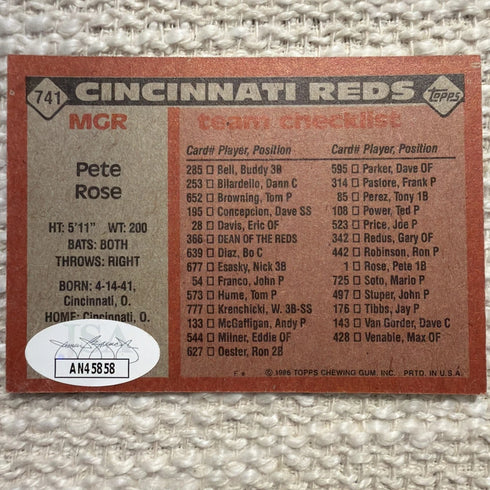 Pete Rose Autographed 1986 Topps Baseball card Manager Cincinnati Reds #741 JSA