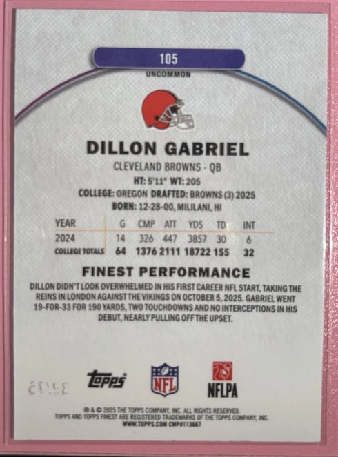 Topps Finest Dillon Gabriel Rookie Serial Numbered /75 #105 Cleveland Browns