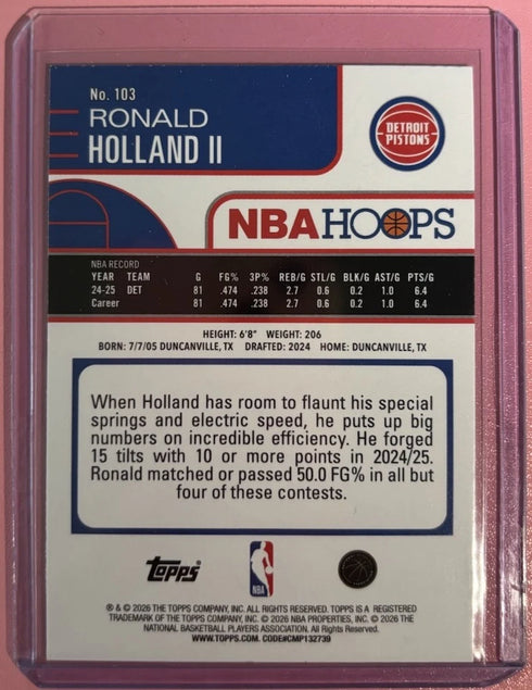 2025-26 Topps NBA Hoops - Ron Holland II #103 Detroit Pistons Rainbow Foil