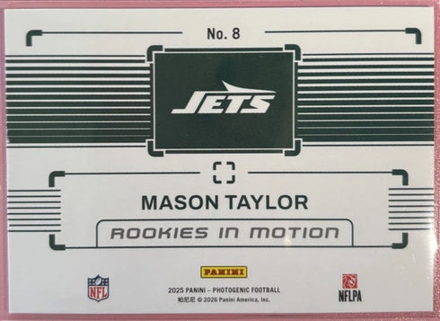 2025 Panini Photogenic Mason Taylor RC #8 ROOKIES IN MOTION New York Jets