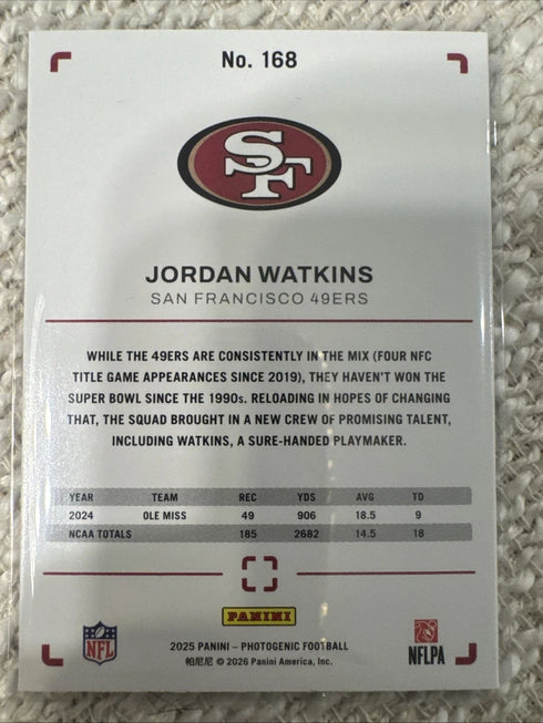 2025 Panini Photogenic Jordan Watkins #168 Red /125 COLOR MATCH ROOKIE CARD