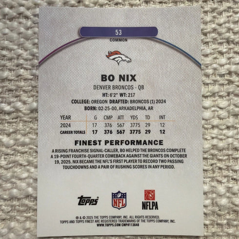 BO NIX 2025 TOPPS FINEST SKY BLUE REFRACTOR #53 BRONCOS /325