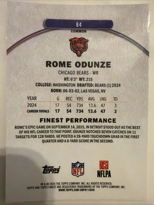 2025 Topps Finest Football Rome Odunze Common #84 - Bears